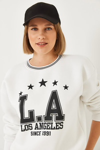 Üç İplik Şardonlu Yazılı Sweatshirt 60601038 - Beyaz