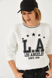 Üç İplik Şardonlu Yazılı Sweatshirt 60601038 - Beyaz
