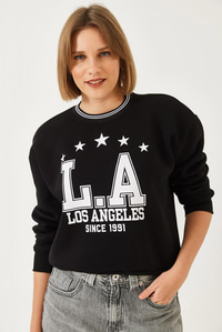Üç İplik Şardonlu Yazılı Sweatshirt 60601038 - Siyah