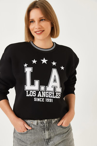 Üç İplik Şardonlu Yazılı Sweatshirt 60601038 - Siyah