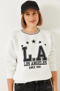 Üç İplik Şardonlu Yazılı Sweatshirt 60601038 - Beyaz