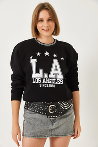 Üç İplik Şardonlu Yazılı Sweatshirt 60601038 - Siyah