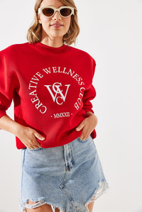 Üç İplik Şardonlu Yazılı Sweatshirt MBHS010 60601010 - Kırmızı