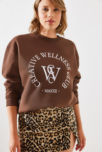 Üç İplik Şardonlu Yazılı Sweatshirt MBHS010 60601010 - Kahverengi