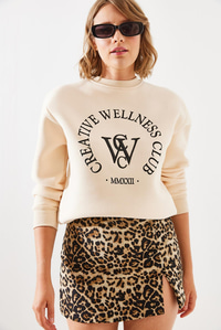Üç İplik Şardonlu Yazılı Sweatshirt MBHS010 60601010 - Bej