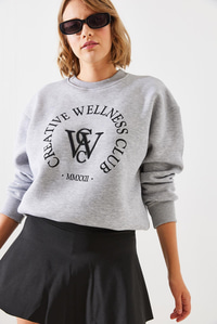 Üç İplik Şardonlu Yazılı Sweatshirt MBHS010 60601010 - Gri Melanj