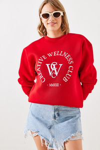 Üç İplik Şardonlu Yazılı Sweatshirt MBHS010 60601010 - Kırmızı