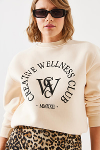 Üç İplik Şardonlu Yazılı Sweatshirt MBHS010 60601010 - Bej