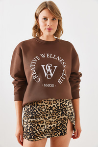 Üç İplik Şardonlu Yazılı Sweatshirt MBHS010 60601010 - Kahverengi