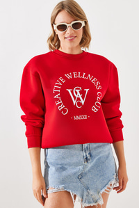 Üç İplik Şardonlu Yazılı Sweatshirt MBHS010 60601010 - Kırmızı