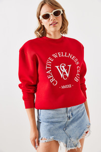 Üç İplik Şardonlu Yazılı Sweatshirt MBHS010 60601010 - Kırmızı