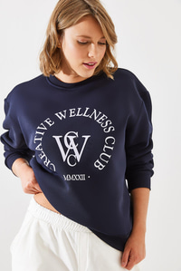 Üç İplik Şardonlu Yazılı Sweatshirt MBHS010 60601010 - Lacivert