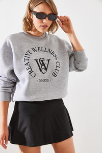 Üç İplik Şardonlu Yazılı Sweatshirt MBHS010 60601010 - Gri Melanj