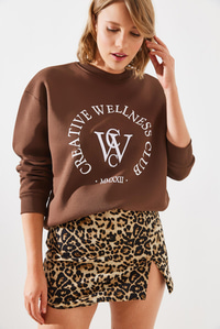 Üç İplik Şardonlu Yazılı Sweatshirt MBHS010 60601010 - Kahverengi