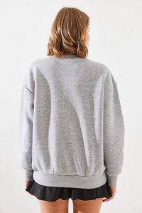 Üç İplik Şardonlu Yazılı Sweatshirt MBHS010 60601010 - Gri Melanj