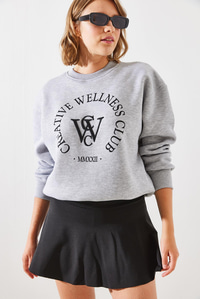 Üç İplik Şardonlu Yazılı Sweatshirt MBHS010 60601010 - Gri Melanj