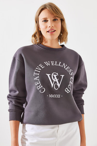 Üç İplik Şardonlu Yazılı Sweatshirt MBHS010 60601010 - Füme