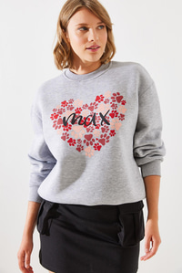 Üç İplik Şardonlu Yuvarlak Yaka Pati Baskılı Sweatshirt MBHS005 60601005 - Gri Melanj