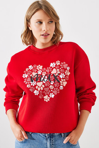 Üç İplik Şardonlu Yuvarlak Yaka Pati Baskılı Sweatshirt MBHS005 60601005 - Kırmızı