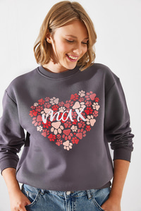 Üç İplik Şardonlu Yuvarlak Yaka Pati Baskılı Sweatshirt MBHS005 60601005 - Füme