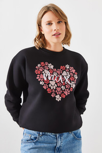 Üç İplik Şardonlu Yuvarlak Yaka Pati Baskılı Sweatshirt MBHS005 60601005 - Siyah
