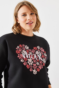 Üç İplik Şardonlu Yuvarlak Yaka Pati Baskılı Sweatshirt MBHS005 60601005 - Siyah