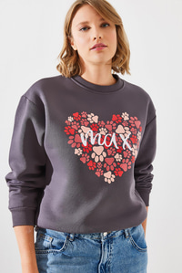 Üç İplik Şardonlu Yuvarlak Yaka Pati Baskılı Sweatshirt MBHS005 60601005 - Füme