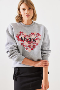 Üç İplik Şardonlu Yuvarlak Yaka Pati Baskılı Sweatshirt MBHS005 60601005 - Gri Melanj