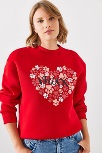 Üç İplik Şardonlu Yuvarlak Yaka Pati Baskılı Sweatshirt MBHS005 60601005 - Kırmızı
