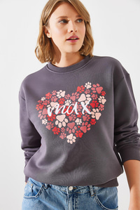 Üç İplik Şardonlu Yuvarlak Yaka Pati Baskılı Sweatshirt MBHS005 60601005 - Füme
