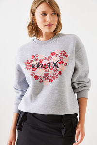 Üç İplik Şardonlu Yuvarlak Yaka Pati Baskılı Sweatshirt MBHS005 60601005 - Gri Melanj
