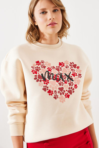 Üç İplik Şardonlu Yuvarlak Yaka Pati Baskılı Sweatshirt MBHS005 60601005 - Bej SWEATSHİRT modelleri