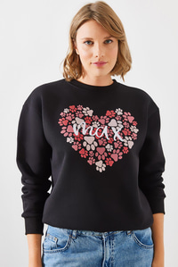 Üç İplik Şardonlu Yuvarlak Yaka Pati Baskılı Sweatshirt MBHS005 60601005 - Siyah