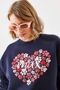 Üç İplik Şardonlu Yuvarlak Yaka Pati Baskılı Sweatshirt MBHS005 60601005 - Lacivert