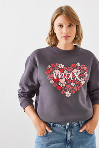 Üç İplik Şardonlu Yuvarlak Yaka Pati Baskılı Sweatshirt MBHS005 60601005 - Füme