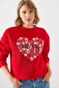 Üç İplik Şardonlu Yuvarlak Yaka Pati Baskılı Sweatshirt MBHS005 60601005 - Kırmızı