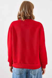 Üç İplik Şardonlu Yuvarlak Yaka Pati Baskılı Sweatshirt MBHS005 60601005 - Kırmızı