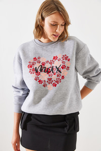 Üç İplik Şardonlu Yuvarlak Yaka Pati Baskılı Sweatshirt MBHS005 60601005 - Gri Melanj