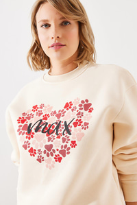 Üç İplik Şardonlu Yuvarlak Yaka Pati Baskılı Sweatshirt MBHS005 60601005 - Bej SWEATSHİRT modelleri