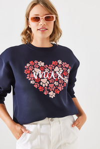 Üç İplik Şardonlu Yuvarlak Yaka Pati Baskılı Sweatshirt MBHS005 60601005 - Lacivert