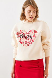Üç İplik Şardonlu Yuvarlak Yaka Pati Baskılı Sweatshirt MBHS005 60601005 - Bej SWEATSHİRT modelleri
