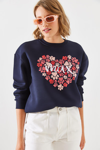 Üç İplik Şardonlu Yuvarlak Yaka Pati Baskılı Sweatshirt MBHS005 60601005 - Lacivert