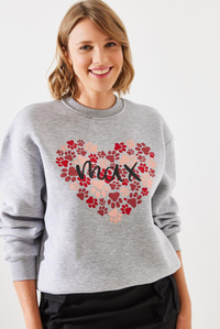 Üç İplik Şardonlu Yuvarlak Yaka Pati Baskılı Sweatshirt MBHS005 60601005 - Gri Melanj