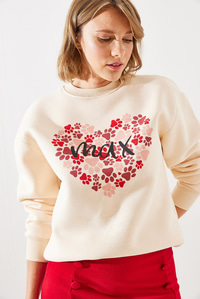 Üç İplik Şardonlu Yuvarlak Yaka Pati Baskılı Sweatshirt MBHS005 60601005 - Bej SWEATSHİRT modelleri