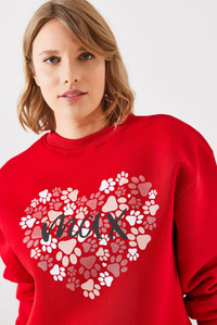 Üç İplik Şardonlu Yuvarlak Yaka Pati Baskılı Sweatshirt MBHS005 60601005 - Kırmızı