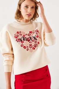 Üç İplik Şardonlu Yuvarlak Yaka Pati Baskılı Sweatshirt MBHS005 60601005 - Bej SWEATSHİRT modelleri