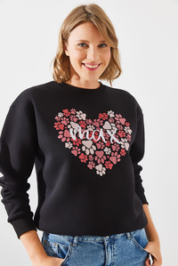 Üç İplik Şardonlu Yuvarlak Yaka Pati Baskılı Sweatshirt MBHS005 60601005 - Siyah