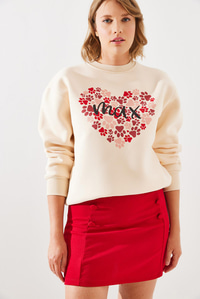 Üç İplik Şardonlu Yuvarlak Yaka Pati Baskılı Sweatshirt MBHS005 60601005 - Bej SWEATSHİRT modelleri