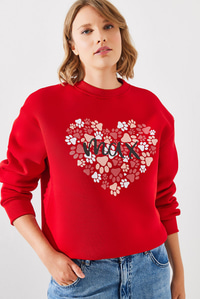 Üç İplik Şardonlu Yuvarlak Yaka Pati Baskılı Sweatshirt MBHS005 60601005 - Kırmızı