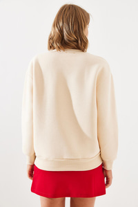 Üç İplik Şardonlu Yuvarlak Yaka Pati Baskılı Sweatshirt MBHS005 60601005 - Bej SWEATSHİRT modelleri
